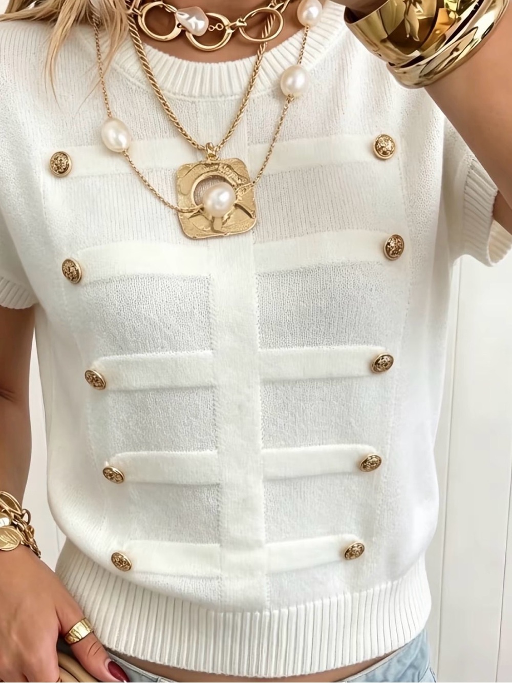 White Knit Top with Gold Buttons – Size S/M